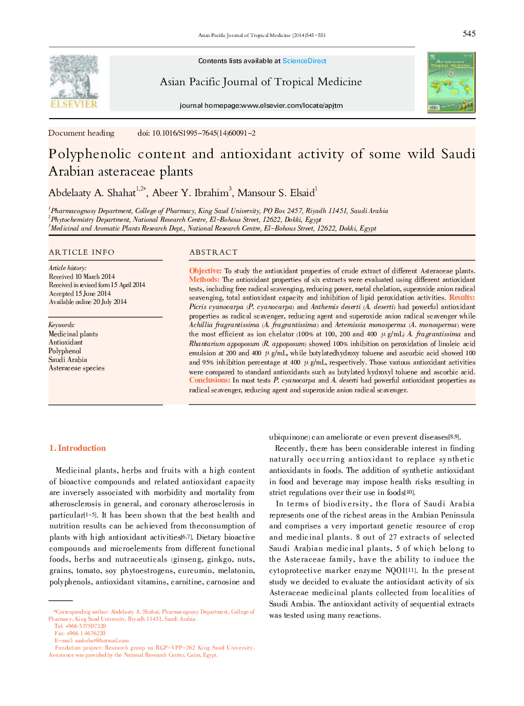 Polyphenolic content and antioxidant activity of some wild Saudi Arabian asteraceae plants 
