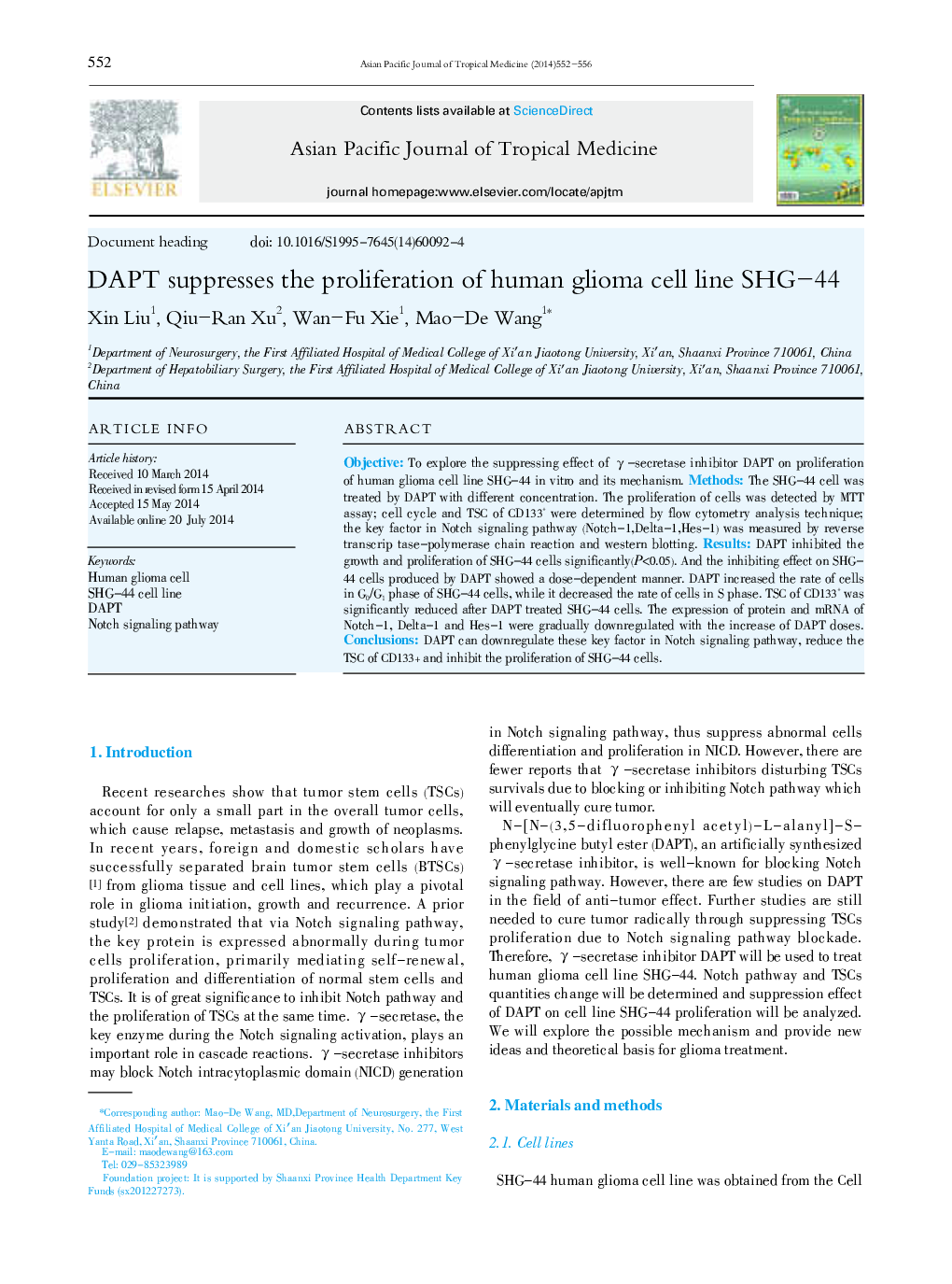 DAPT suppresses the proliferation of human glioma cell line SHG-44 