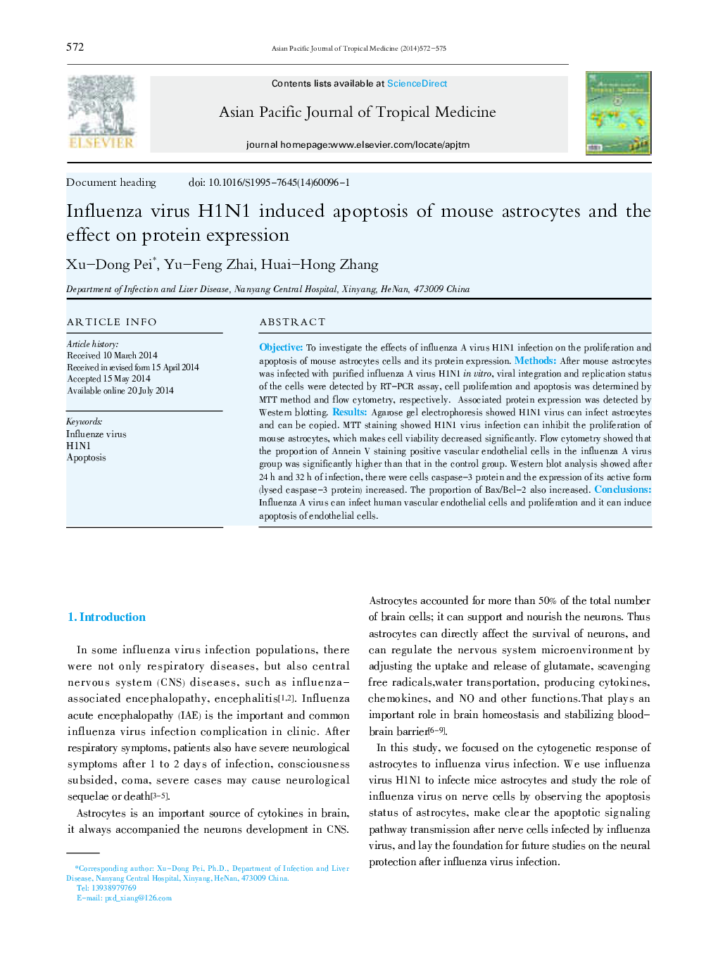 Influenza virus H1N1 induced apoptosis of mouse astrocytes and the effect on protein expression 