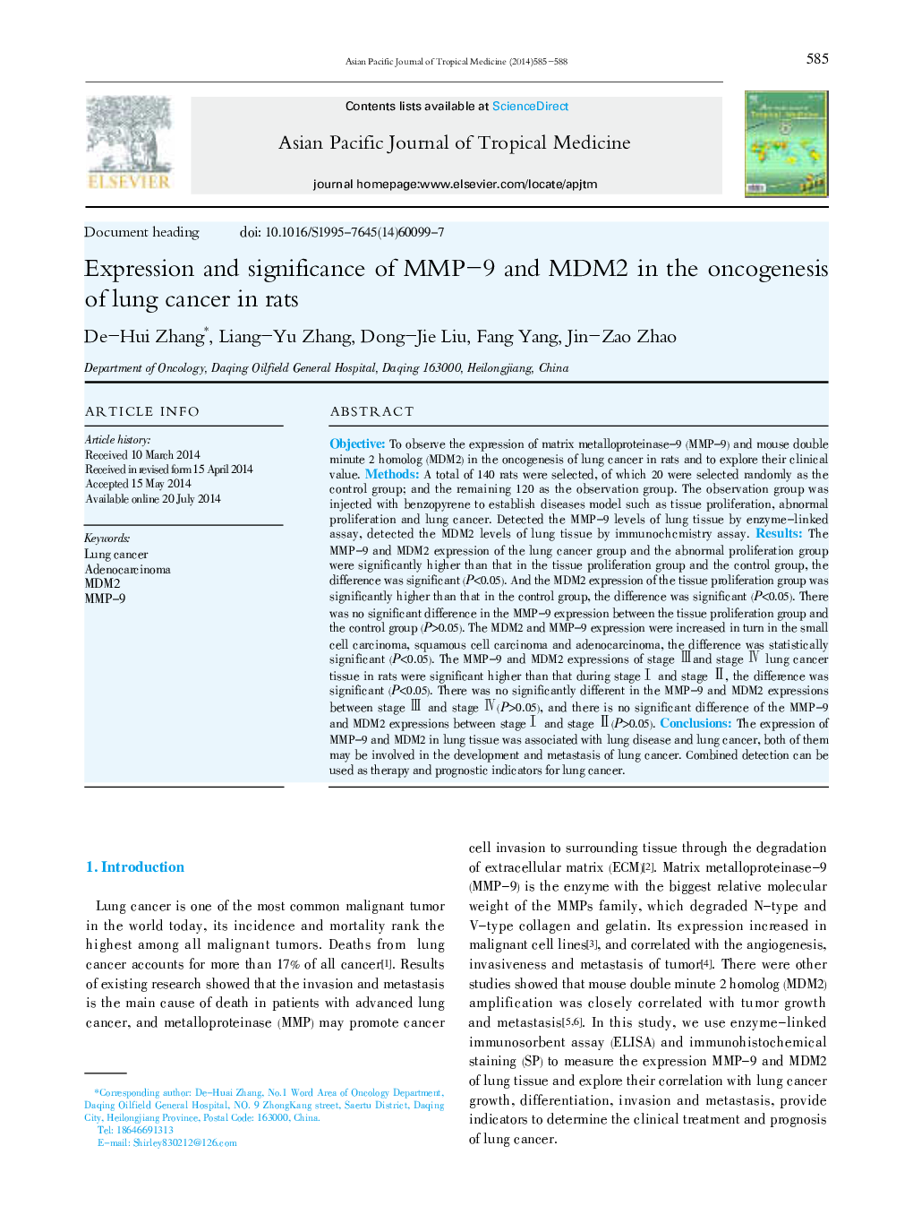 Expression and significance of MMP-9 and MDM2 in the oncogenesis of lung cancer in rats 