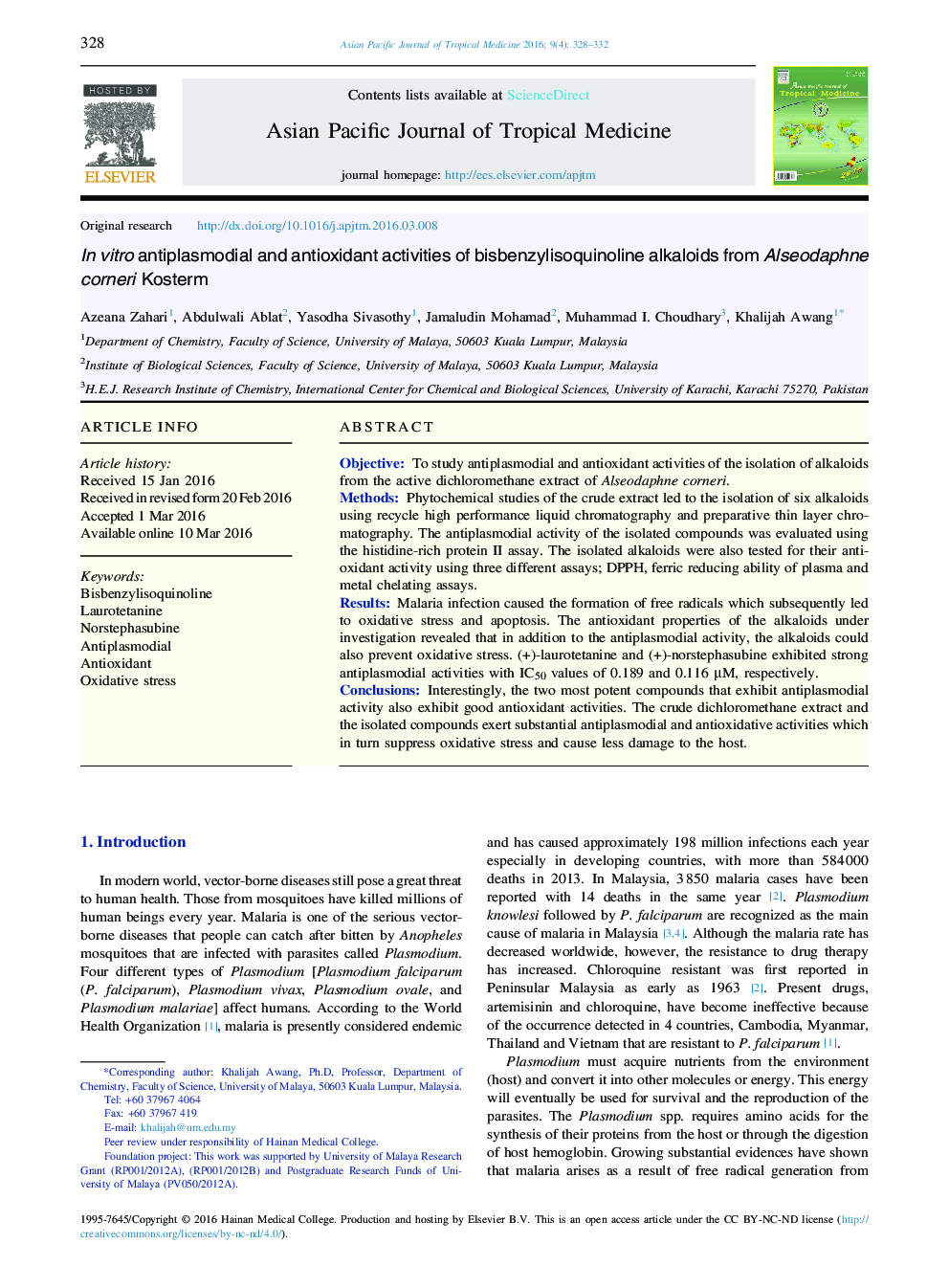 In vitro antiplasmodial and antioxidant activities of bisbenzylisoquinoline alkaloids from Alseodaphne corneri Kosterm 