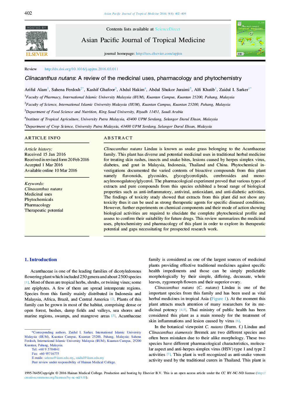 Clinacanthus nutans: A review of the medicinal uses, pharmacology and phytochemistry 