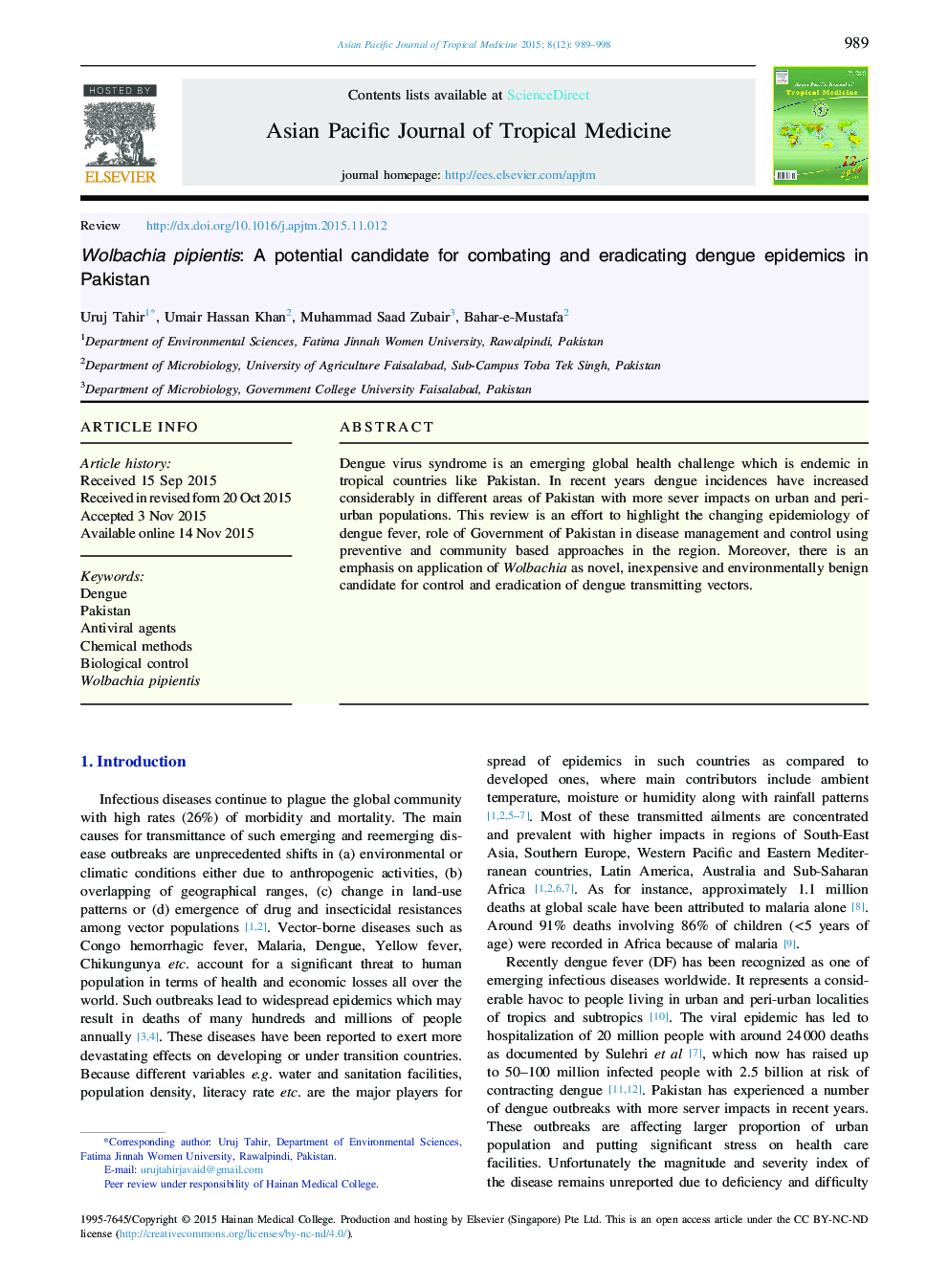 Wolbachia pipientis: A potential candidate for combating and eradicating dengue epidemics in Pakistan 