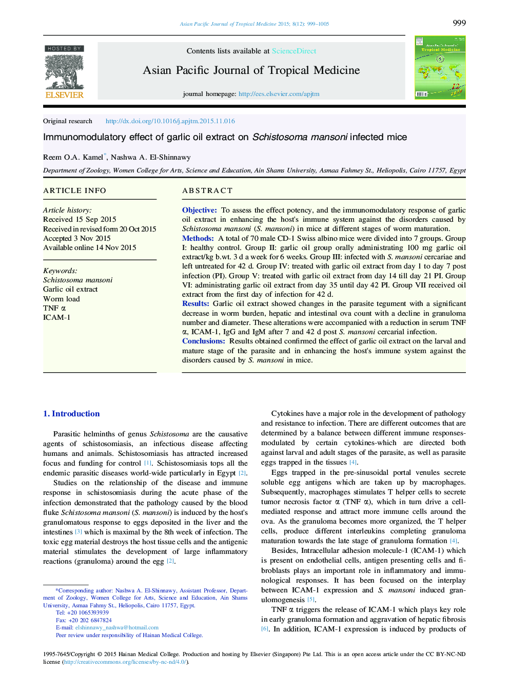 Immunomodulatory effect of garlic oil extract on Schistosoma mansoni infected mice 