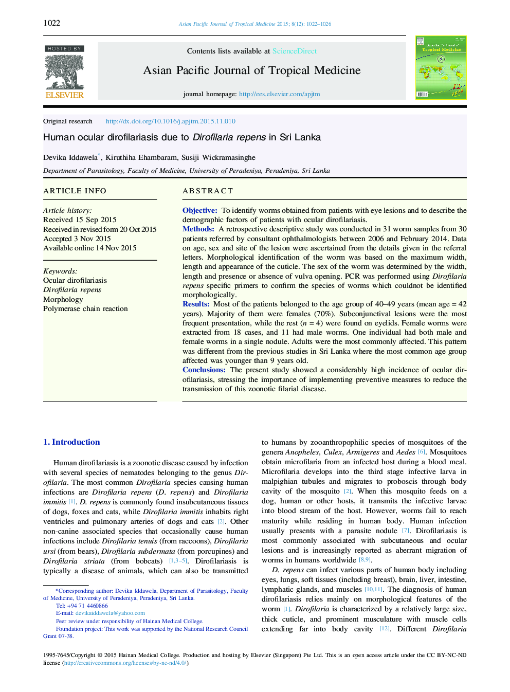 Human ocular dirofilariasis due to Dirofilaria repens in Sri Lanka 