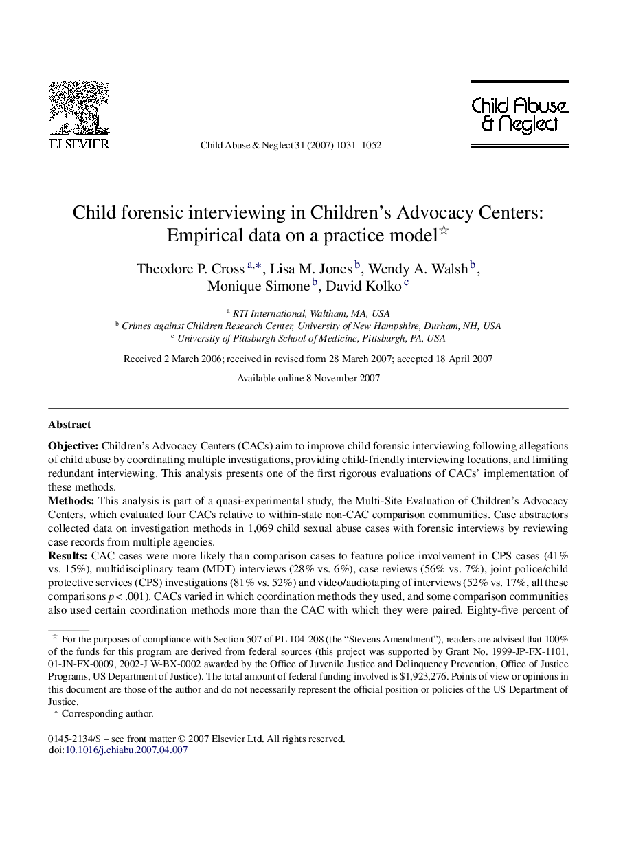 Child forensic interviewing in Children's Advocacy Centers: Empirical data on a practice model 