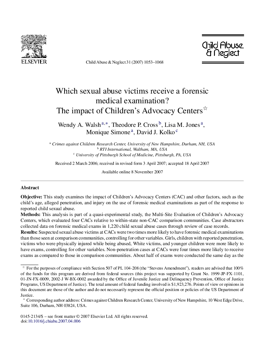 Which sexual abuse victims receive a forensic medical examination? : The impact of Children's Advocacy Centers