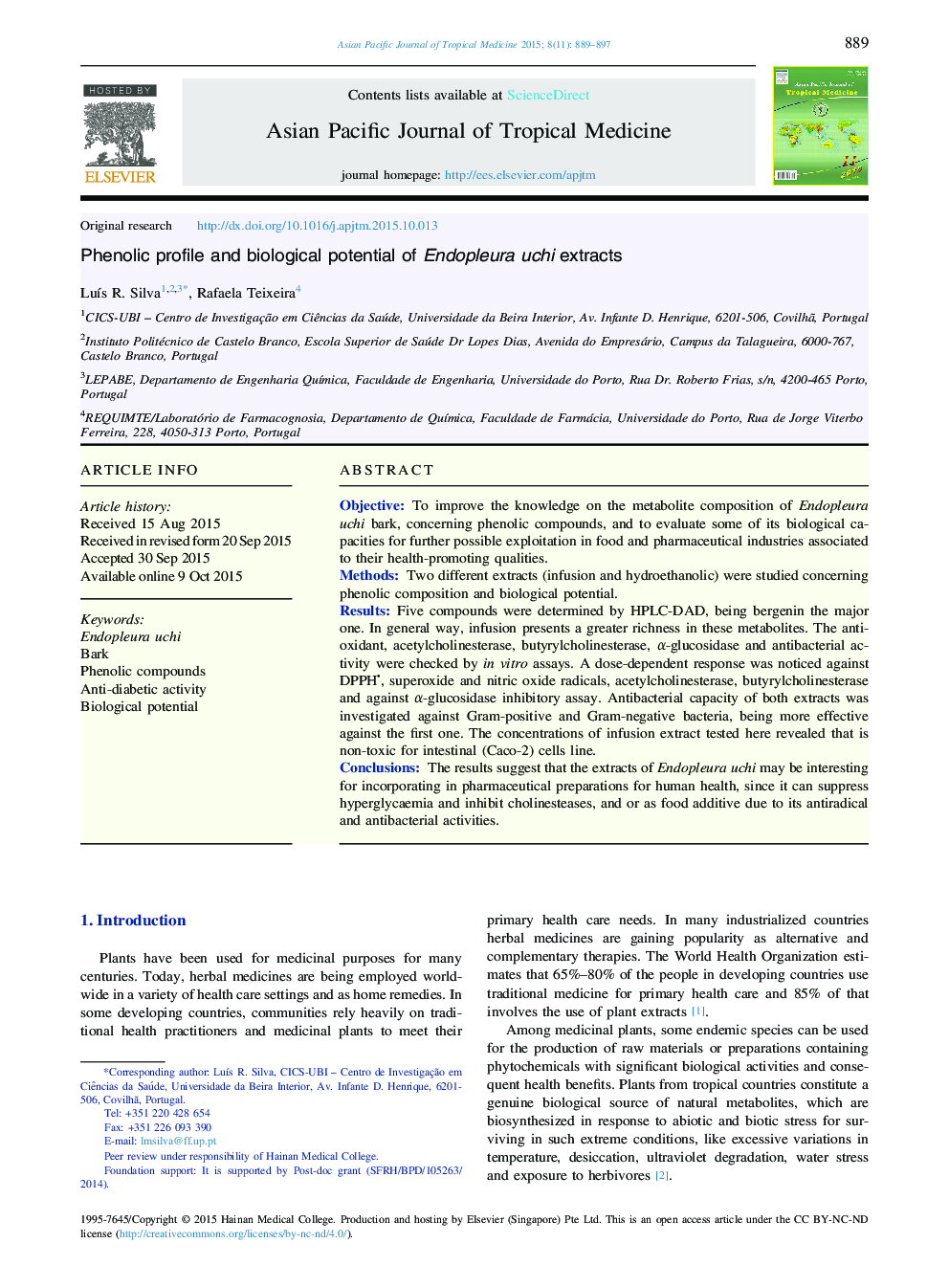 Phenolic profile and biological potential of Endopleura uchi extracts 