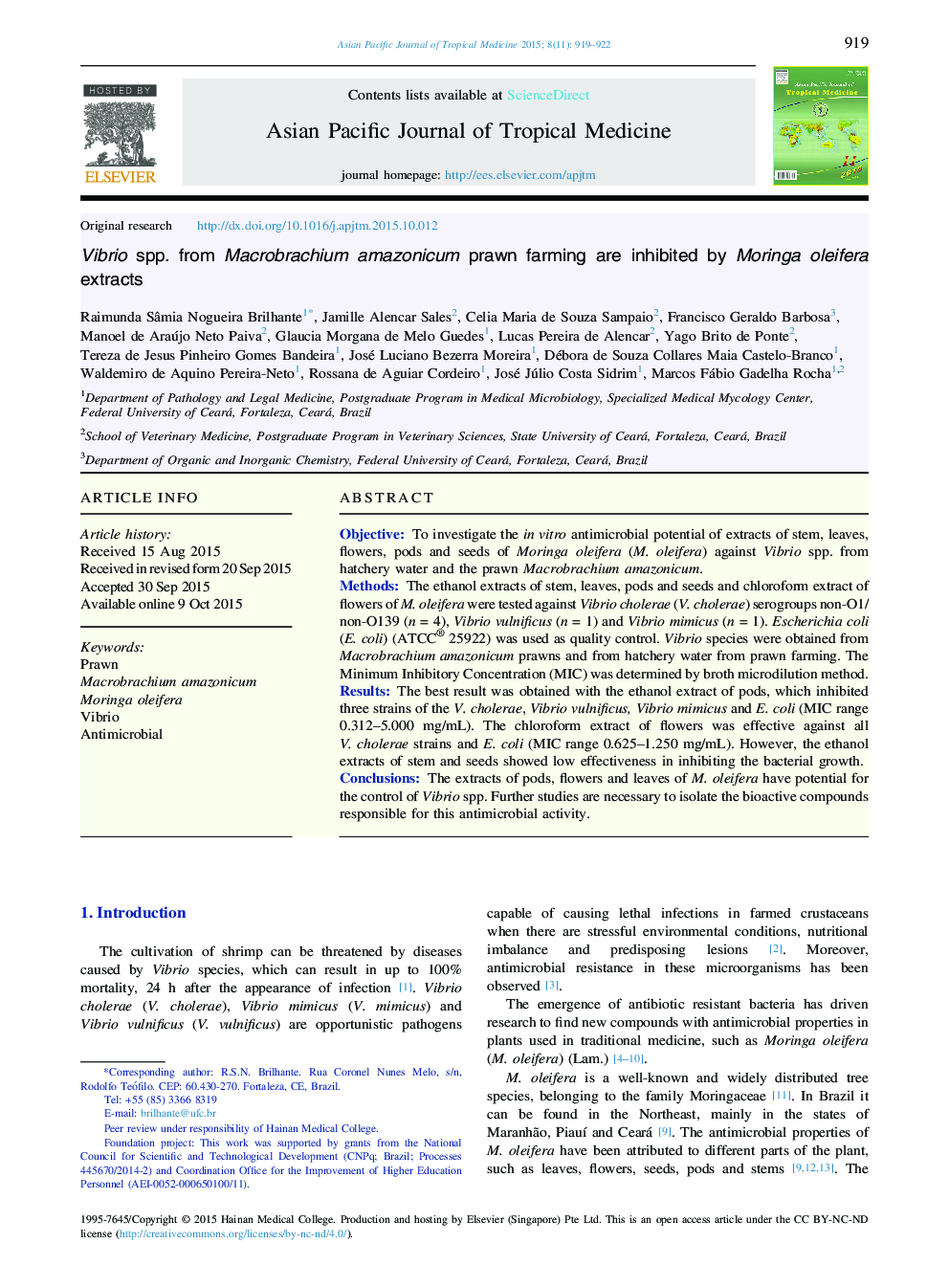 Vibrio spp. from Macrobrachium amazonicum prawn farming are inhibited by Moringa oleifera extracts 