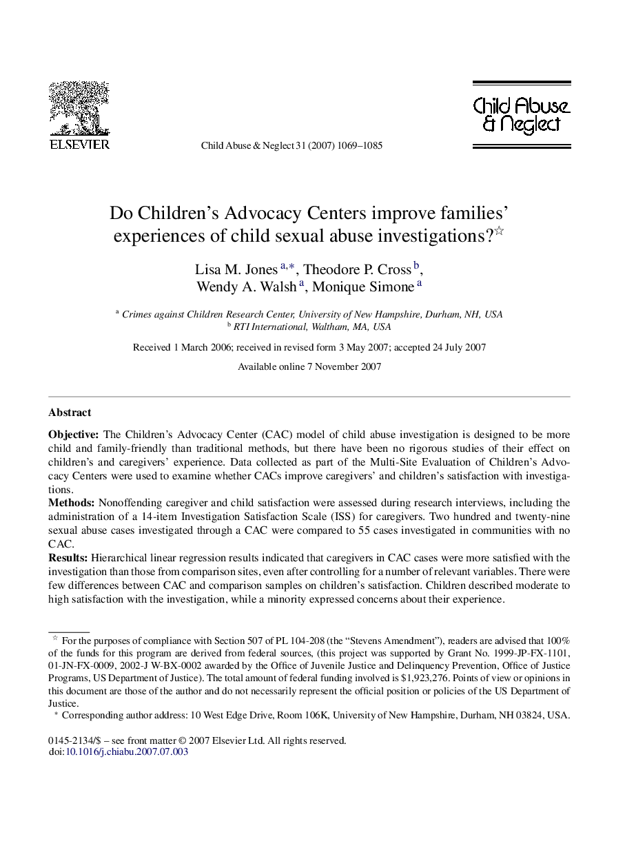 Do Children's Advocacy Centers improve families’ experiences of child sexual abuse investigations? 