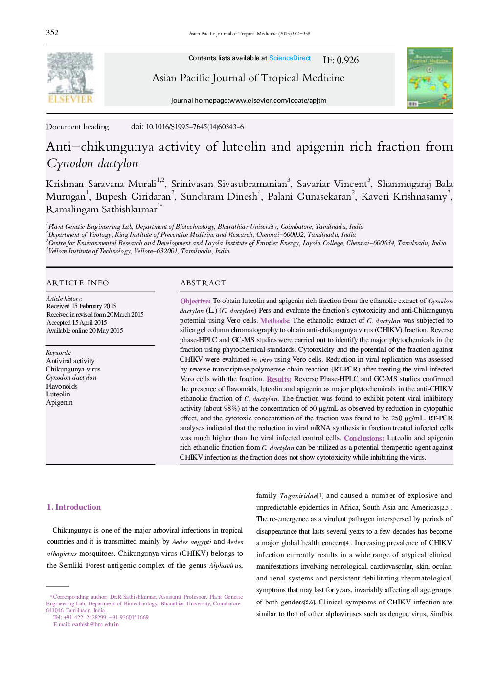Anti—chikungunya activity of luteolin and apigenin rich fraction from Cynodon dactylon 