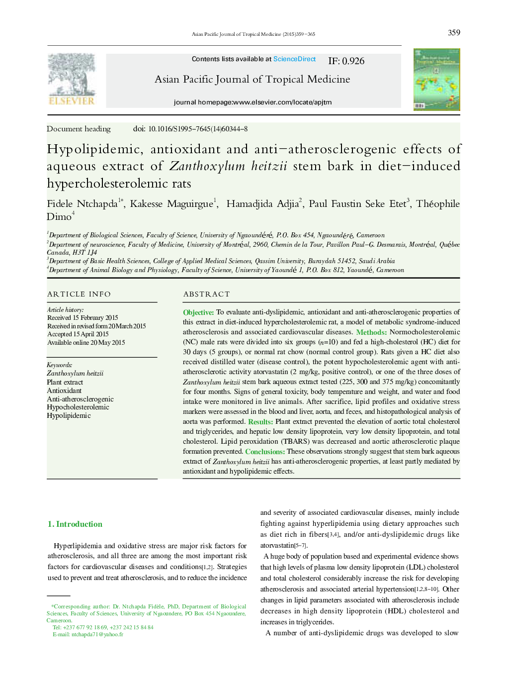 Hypolipidemic, antioxidant and anti—atherosclerogenic effects of aqueous extract of Zanthoxylum heitzii stem bark in diet—induced hypercholesterolemic rats 