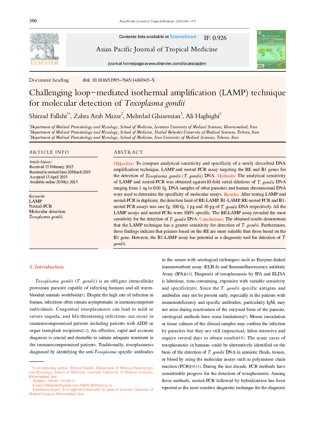 Challenging loop—mediated isothermal amplification (LAMP) technique for molecular detection of Toxoplasma gondii 