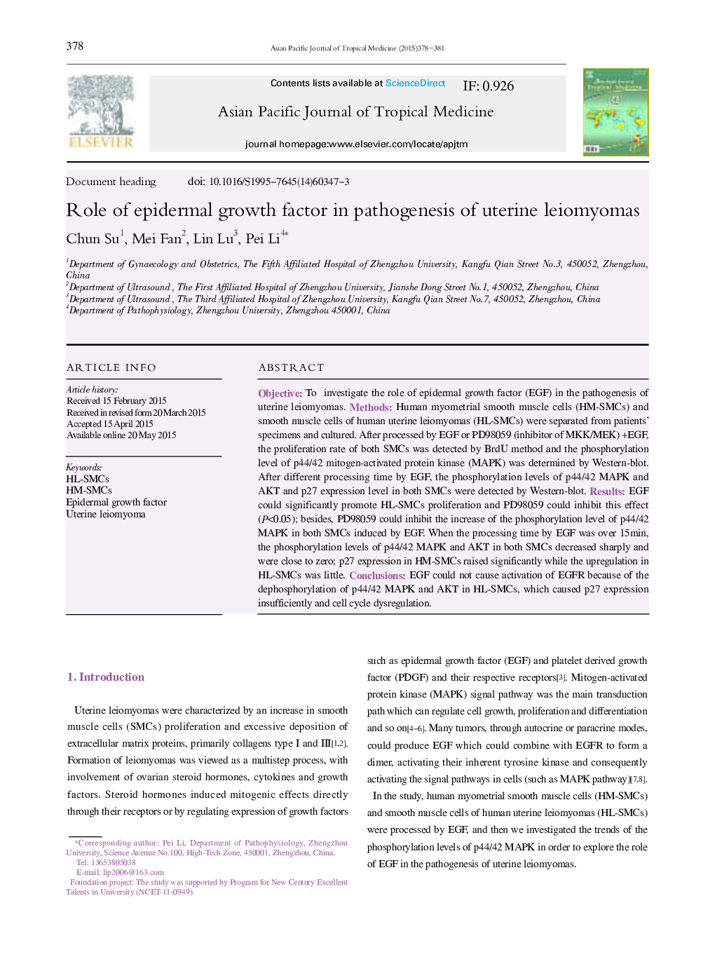 Role of epidermal growth factor in pathogenesis of uterine leiomyomas 
