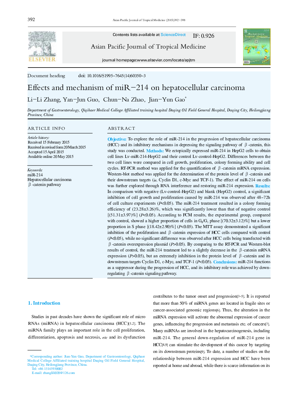 Effects and mechanism of miR–214 on hepatocellular carcinoma 