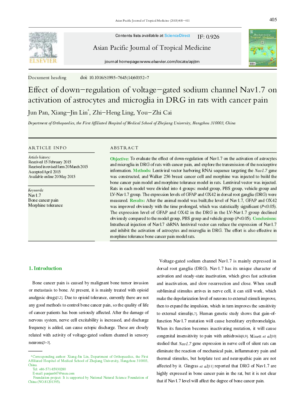 Effect of down—regulation of voltage—gated sodium channel Nav1.7 on activation of astrocytes and microglia in DRG in rats with cancer pain 