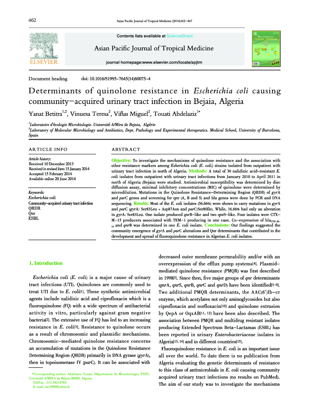 Determinants of quinolone resistance in Escherichia coli causing community-acquired urinary tract infection in Bejaia, Algeria 