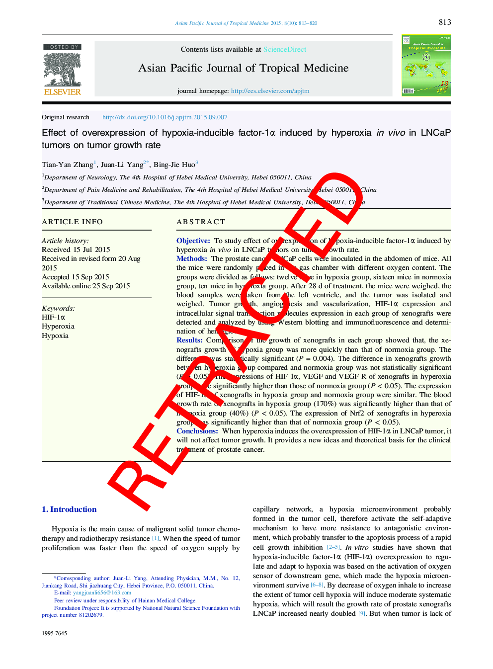 RETRACTED: Effect of overexpression of hypoxia-inducible factor-1α induced by hyperoxia in vivo in LNCaP tumors on tumor growth rate