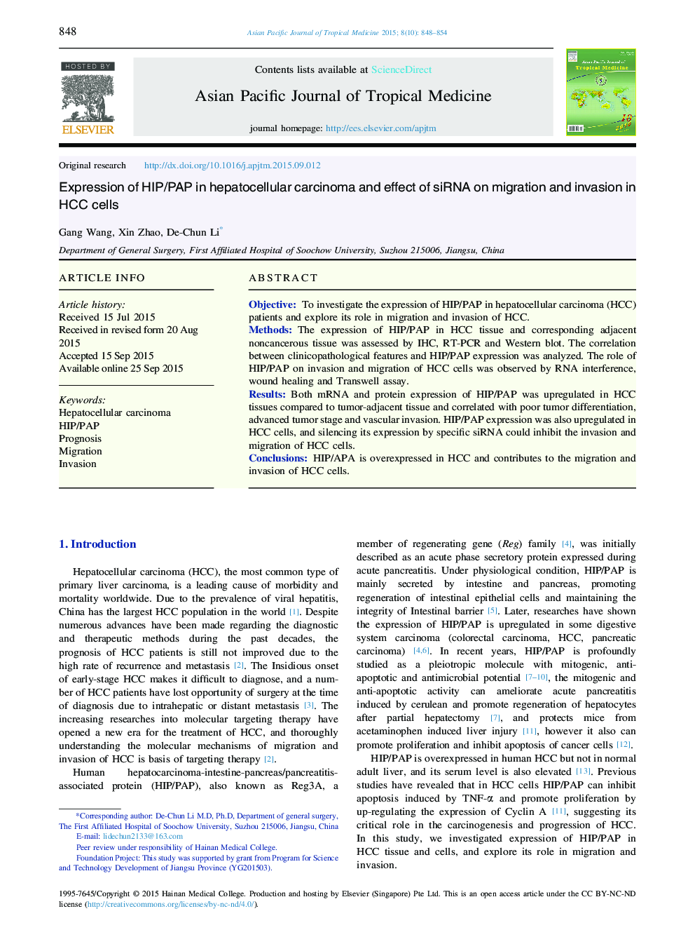 Expression of HIP/PAP in hepatocellular carcinoma and effect of siRNA on migration and invasion in HCC cells 