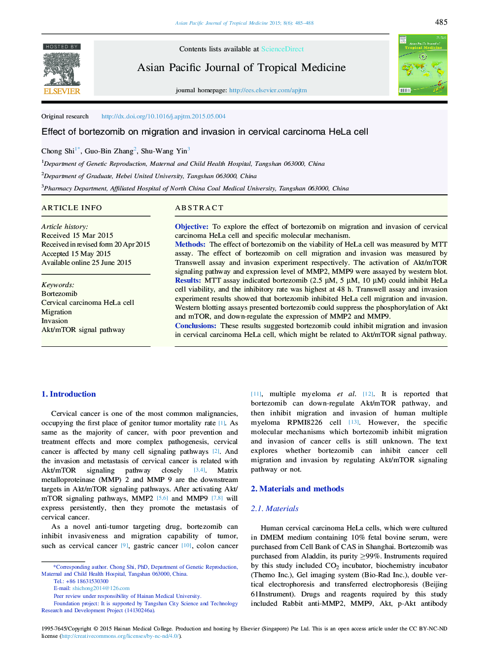 Effect of bortezomib on migration and invasion in cervical carcinoma HeLa cell 