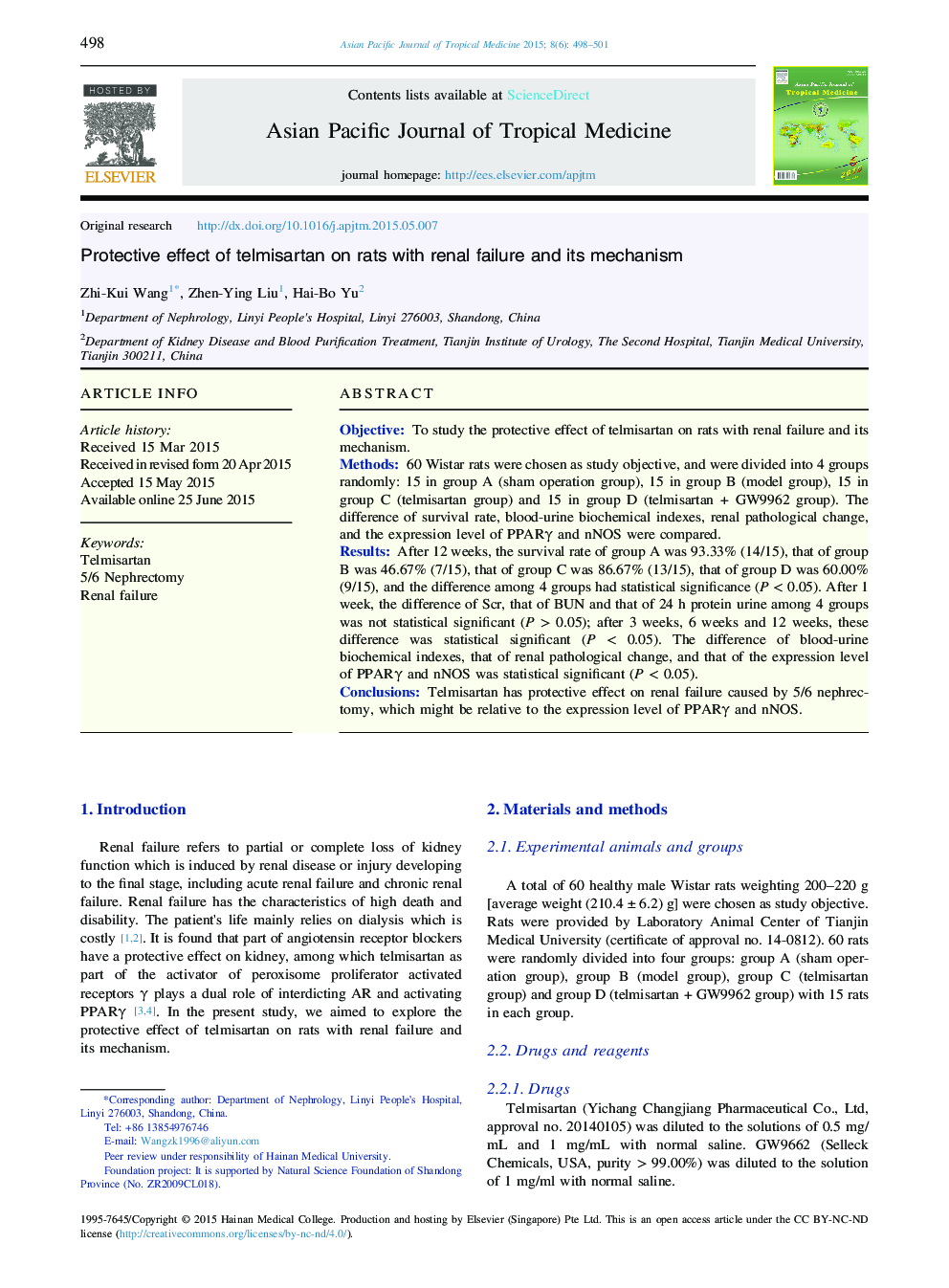 Protective effect of telmisartan on rats with renal failure and its mechanism 