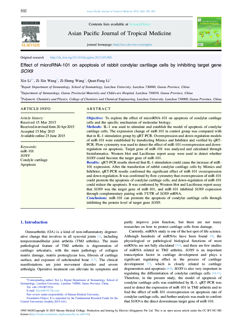 Effect of microRNA-101 on apoptosis of rabbit condylar cartilage cells by inhibiting target gene SOX9 