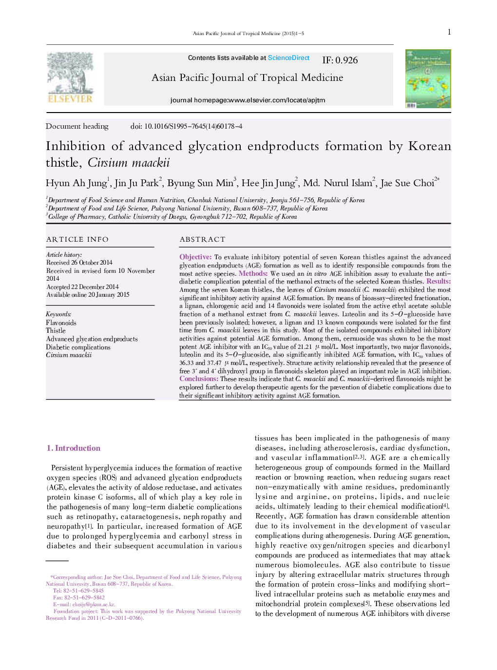 Inhibition of advanced glycation endproducts formation by Korean thistle, Cirsium maackii 