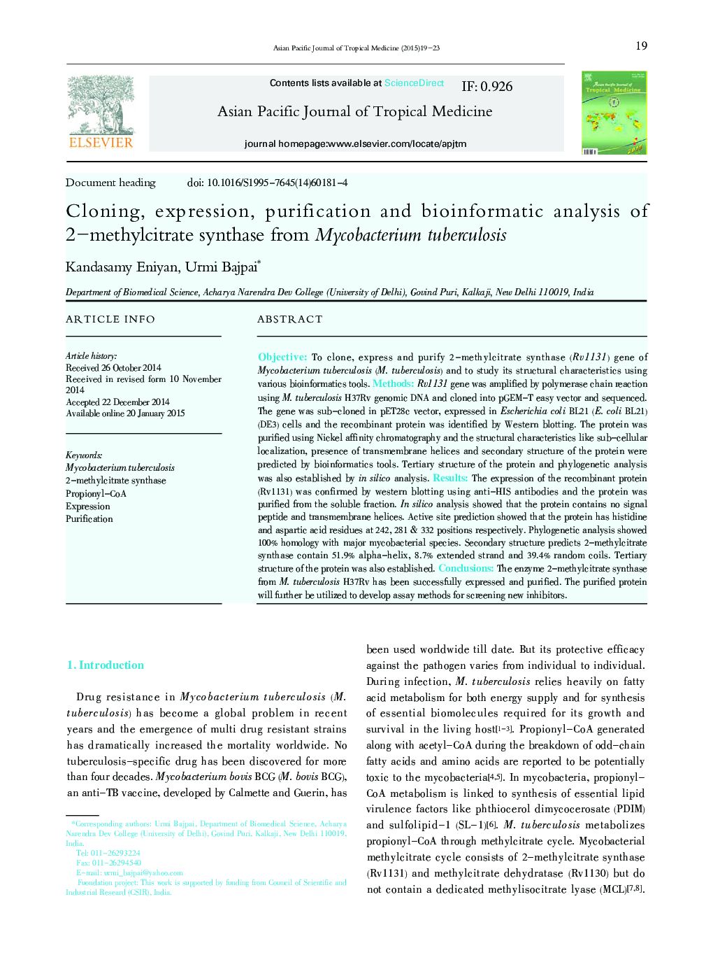 Cloning, expression, purification and bioinformatic analysis of 2–methylcitrate synthase from Mycobacterium tuberculosis 