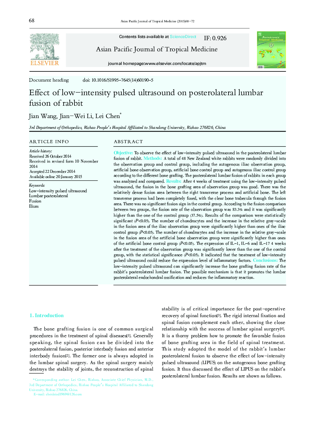 Effect of low–intensity pulsed ultrasound on posterolateral lumbar fusion of rabbit 
