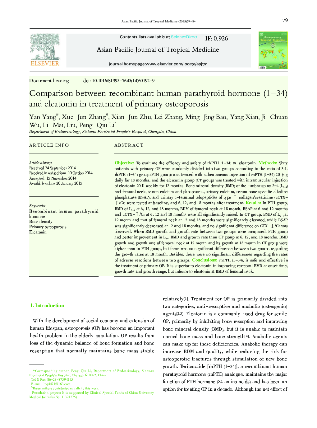 Comparison between recombinant human parathyroid hormone (1–34) and elcatonin in treatment of primary osteoporosis 