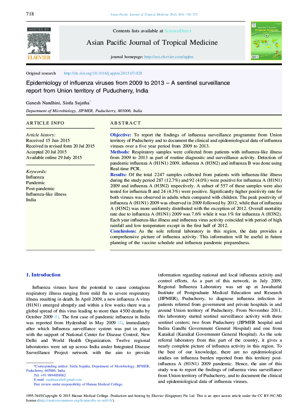 Epidemiology of influenza viruses from 2009 to 2013 – A sentinel surveillance report from Union territory of Puducherry, India 