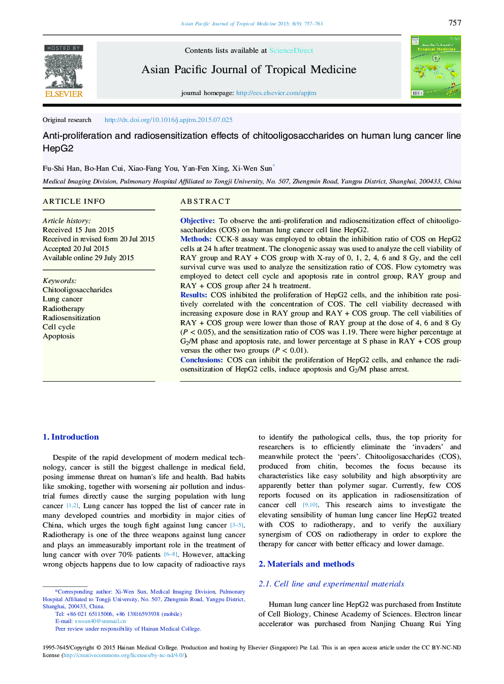 Anti-proliferation and radiosensitization effects of chitooligosaccharides on human lung cancer line HepG2 