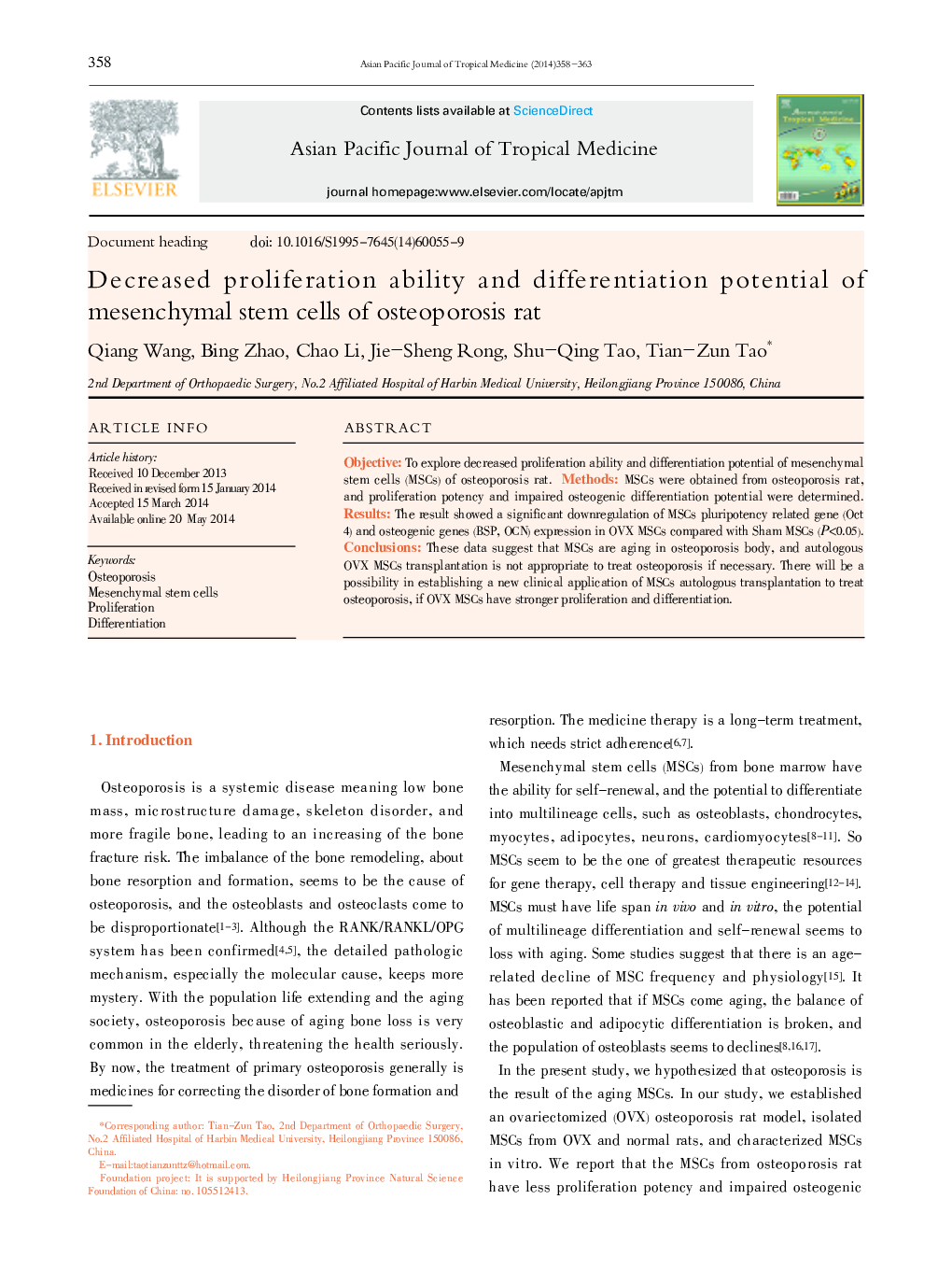Decreased proliferation ability and differentiation potential of mesenchymal stem cells of osteoporosis rat 