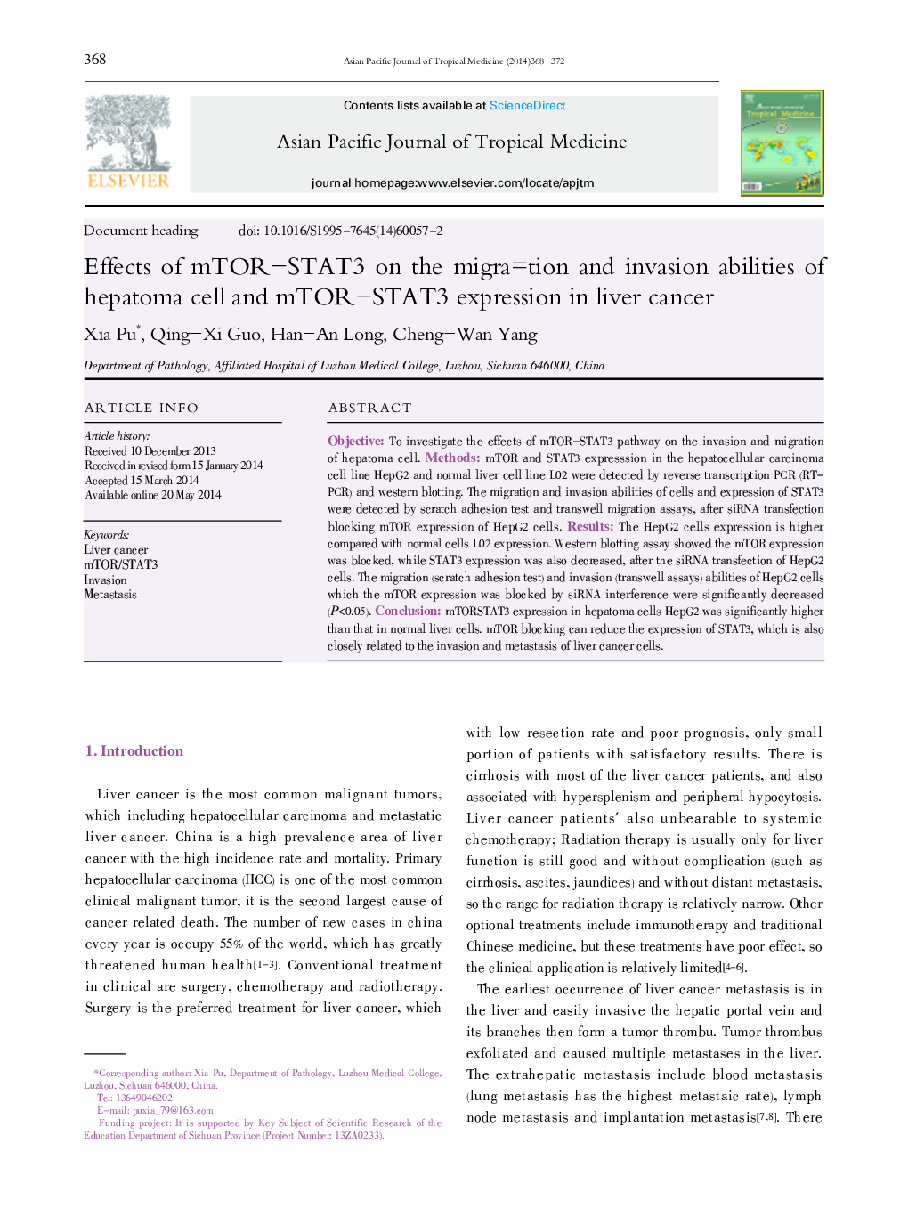 Effects of mTOR-STAT3 on the migra=tion and invasion abilities of hepatoma cell and mTOR-STAT3 expression in liver cancer 