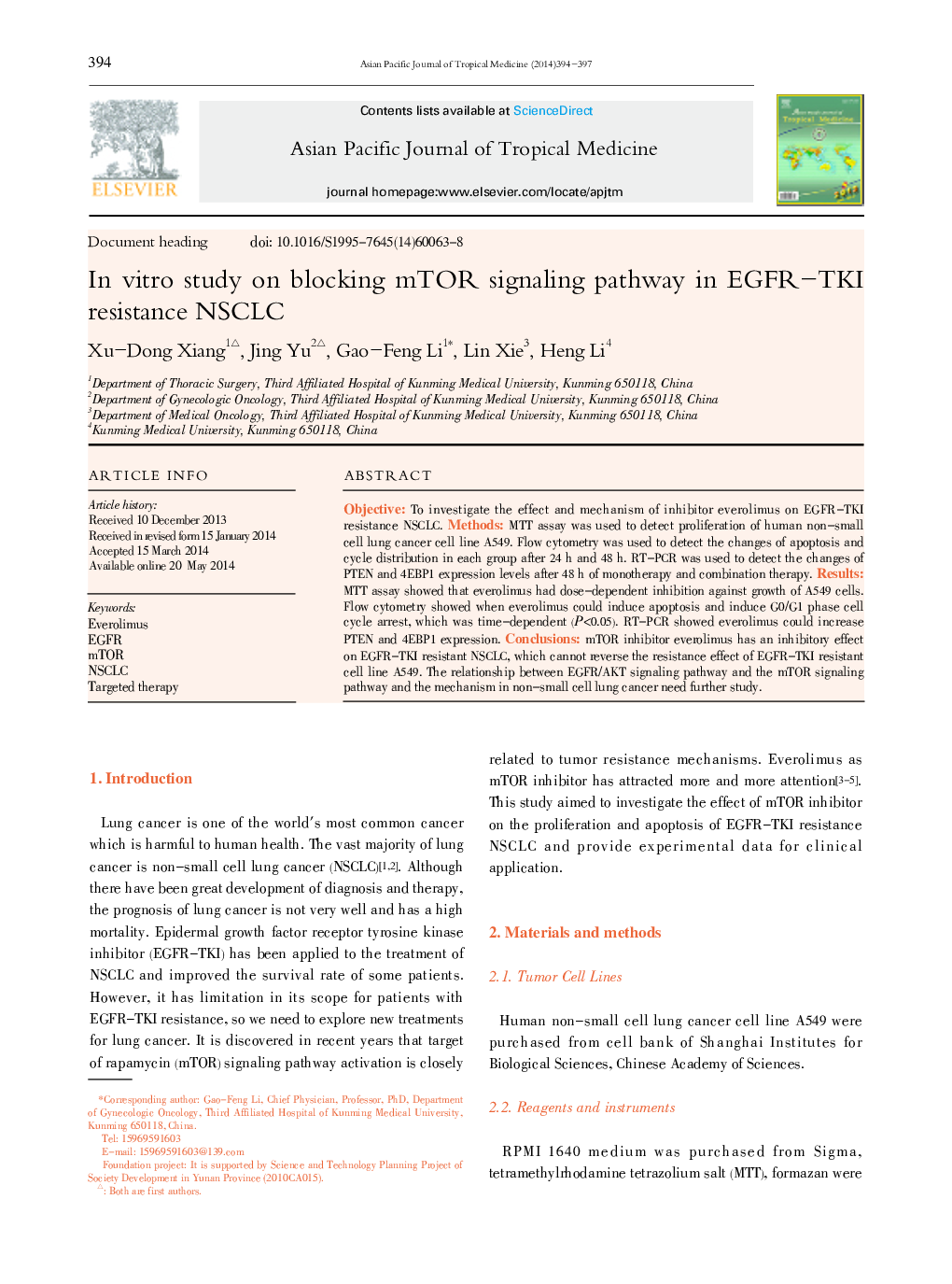 In vitro study on blocking mTOR signaling pathway in EGFR-TKI resistance NSCLC 