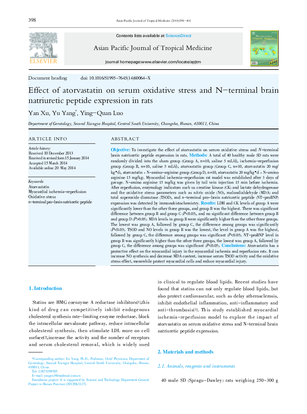 Effect of atorvastatin on serum oxidative stress and N-terminal brain natriuretic peptide expression in rats 