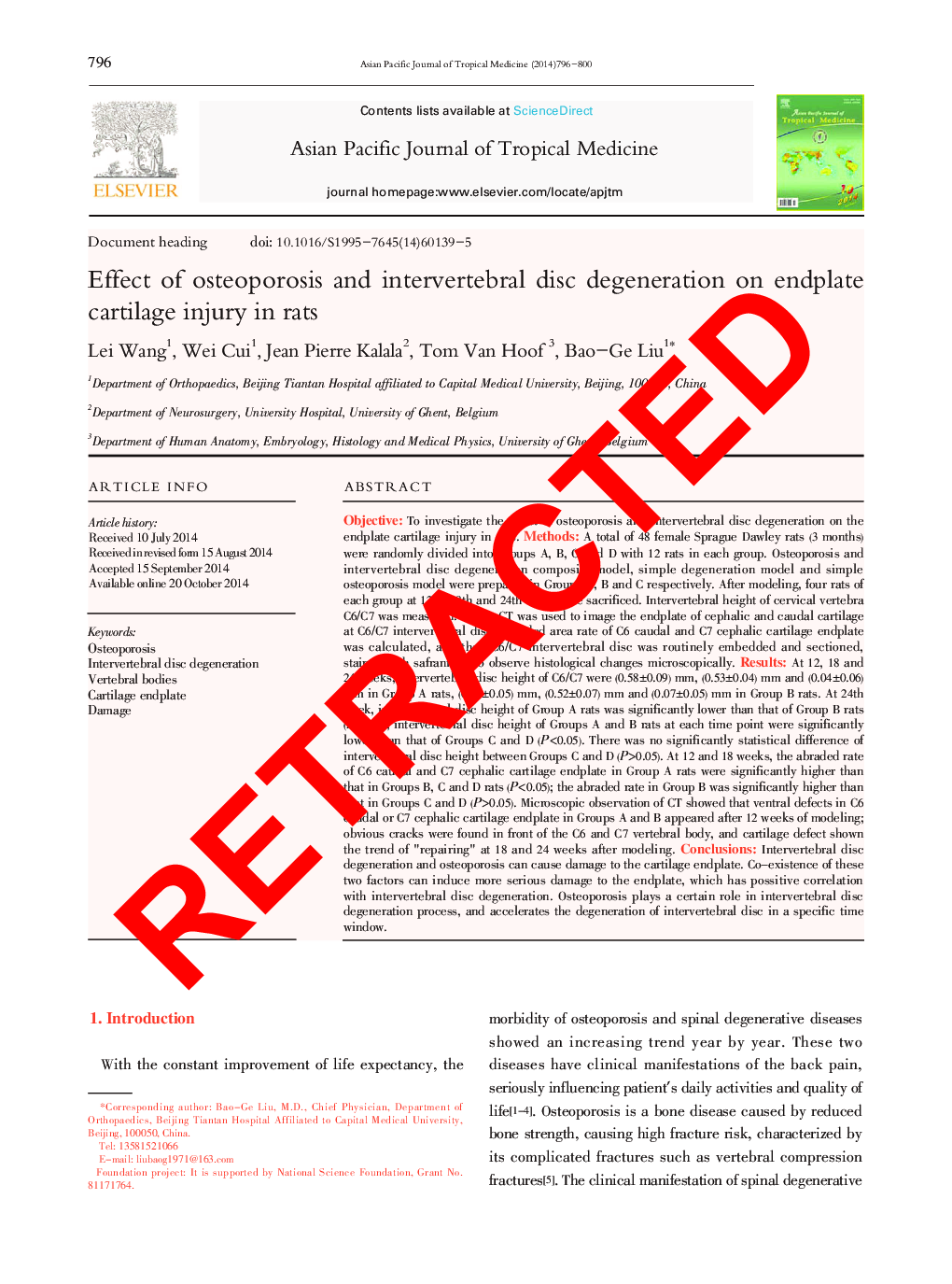 RETRACTED: To investigate the effect of osteoporosis and intervertebral disc degeneration on the endplate cartilage injury in rats