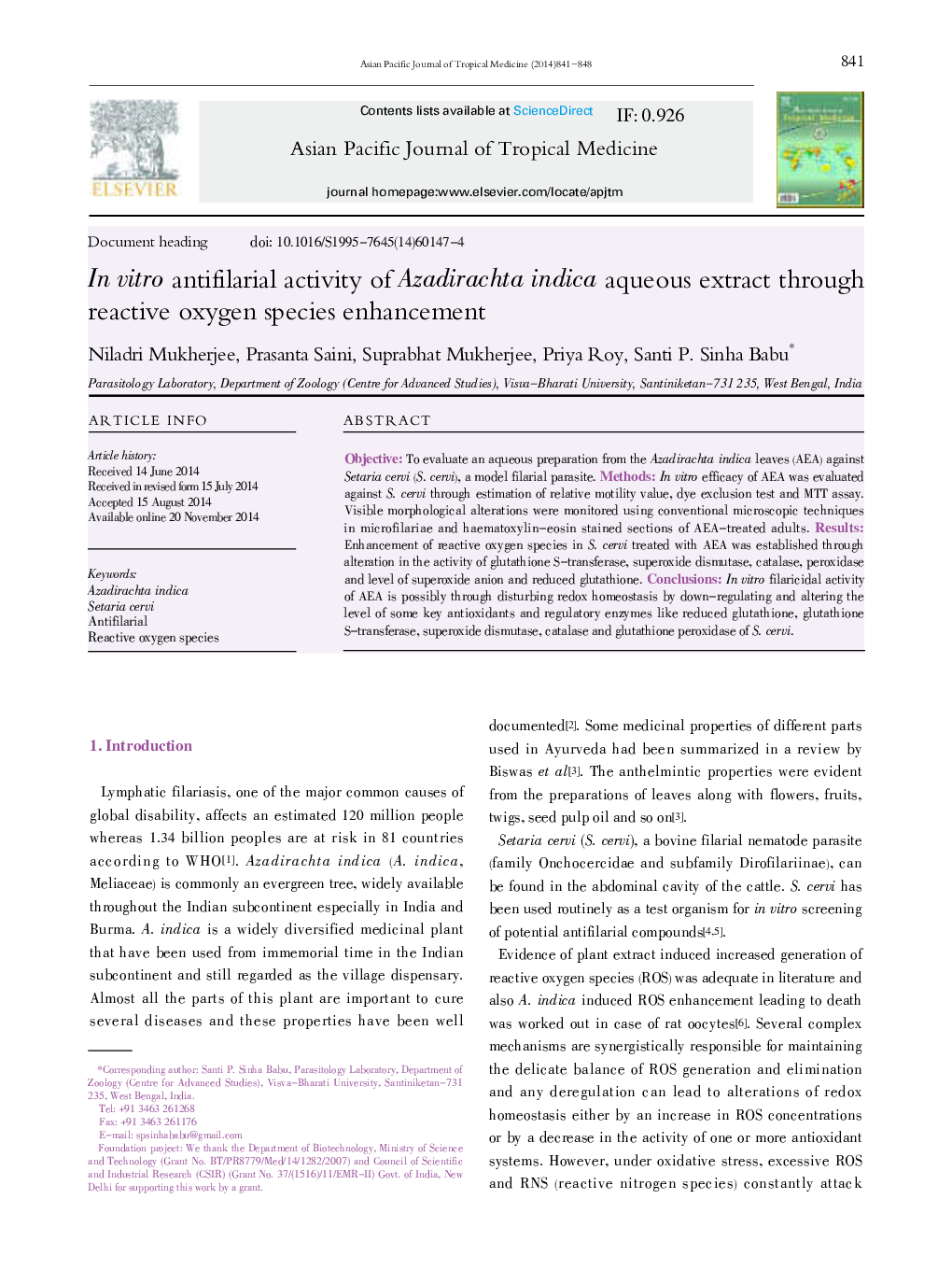 In vitro antifilarial activity of Azadirachta indica aqueous extract through reactive oxygen species enhancement 