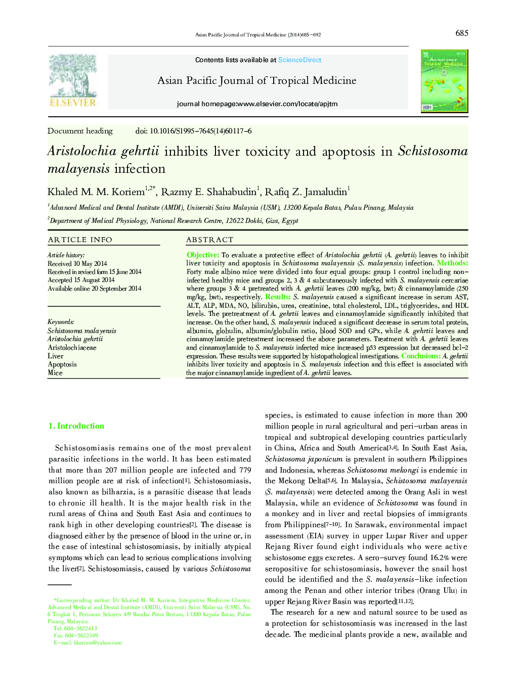 Aristolochia gehrtii inhibits liver toxicity and apoptosis in Schistosoma malayensis infection 