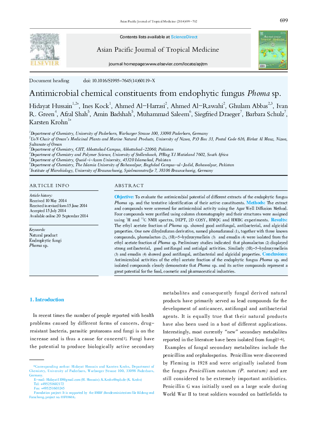 Antimicrobial chemical constituents from endophytic fungus Phoma sp. 