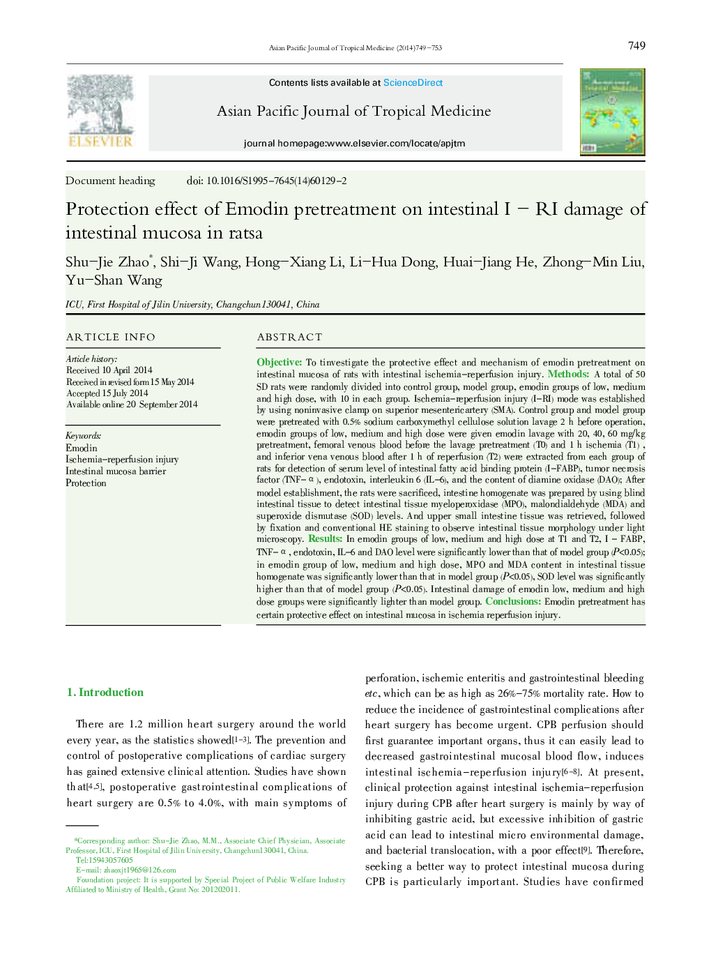 Protection effect of Emodin pretreatment on intestinal I-RI damage of intestinal mucosa in ratsa 