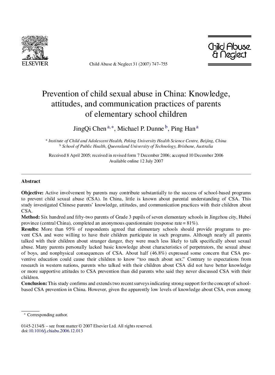 Prevention of child sexual abuse in China: Knowledge, attitudes, and communication practices of parents of elementary school children