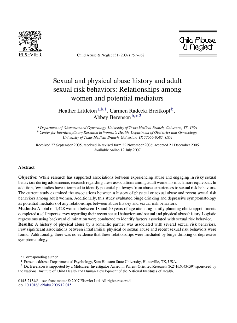 Sexual and physical abuse history and adult sexual risk behaviors: Relationships among women and potential mediators