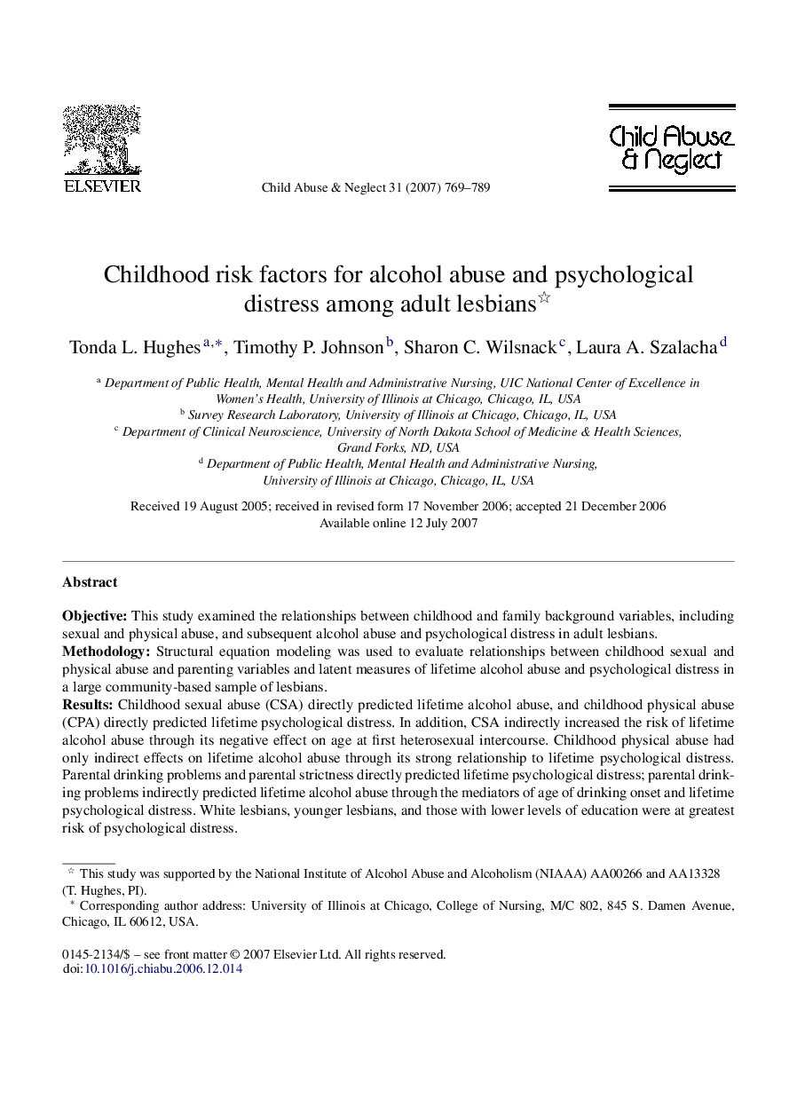 Childhood risk factors for alcohol abuse and psychological distress among adult lesbians 