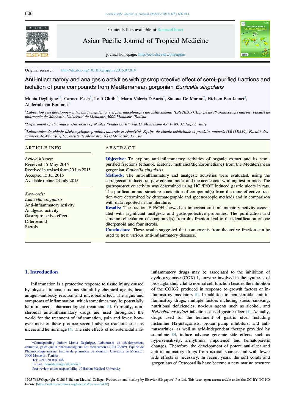 Anti-inflammatory and analgesic activities with gastroprotective effect of semi–purified fractions and isolation of pure compounds from Mediterranean gorgonian Eunicella singularis 