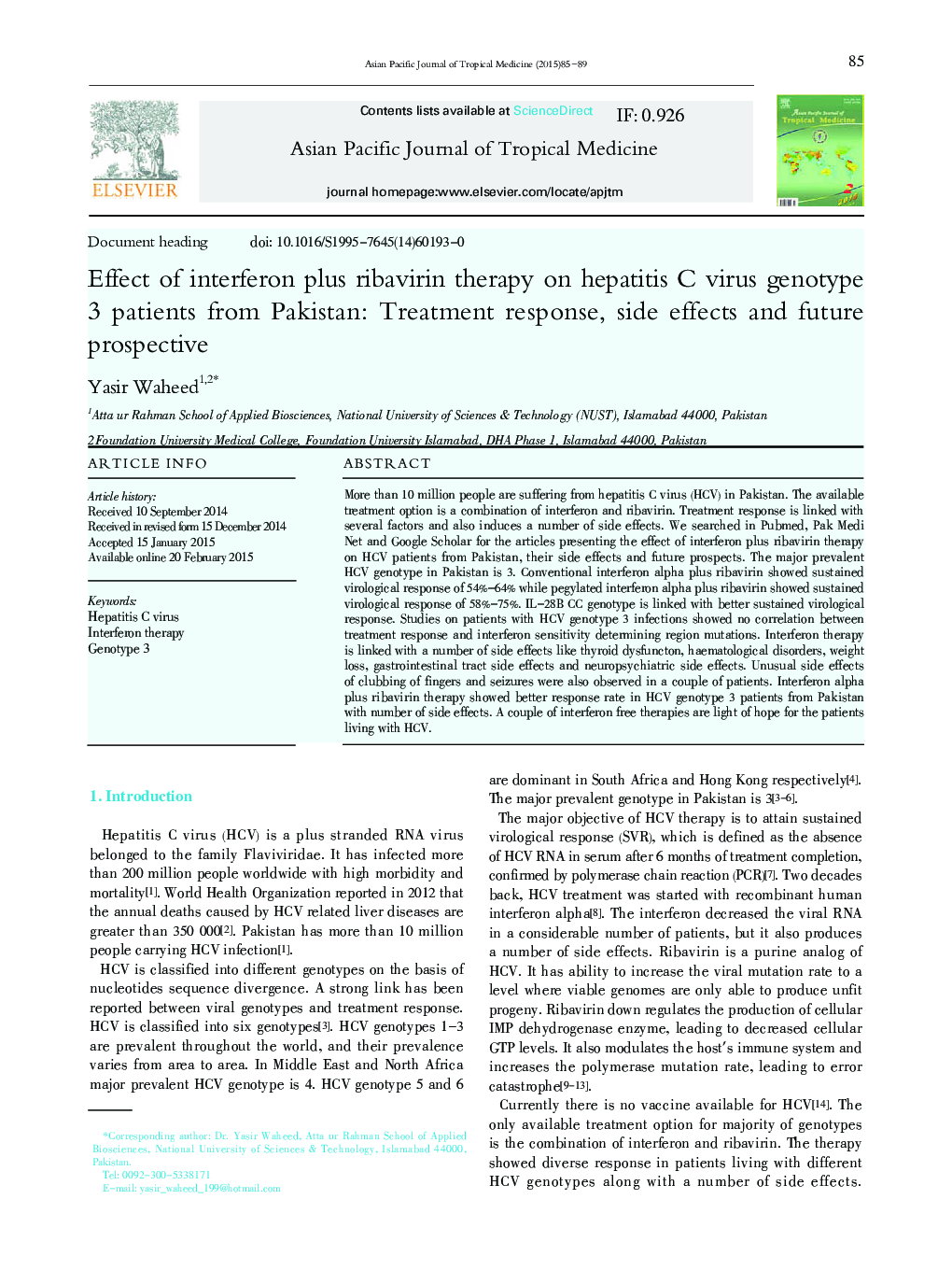 Effect of interferon plus ribavirin therapy on hepatitis C virus genotype 3 patients from Pakistan: Treatment response, side effects and future prospective 