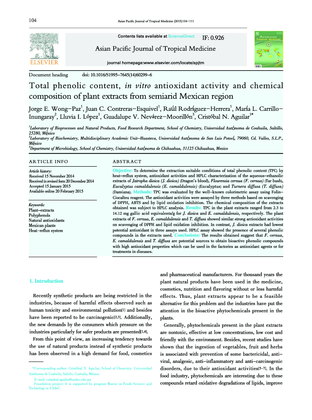 Total phenolic content, in vitro antioxidant activity and chemical composition of plant extracts from semiarid Mexican region 