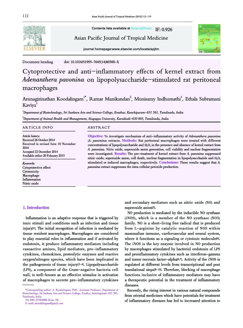 Cytoprotective and anti–inflammatory effects of kernel extract from Adenanthera pavonina on lipopolysaccharide–stimulated rat peritoneal macrophages 