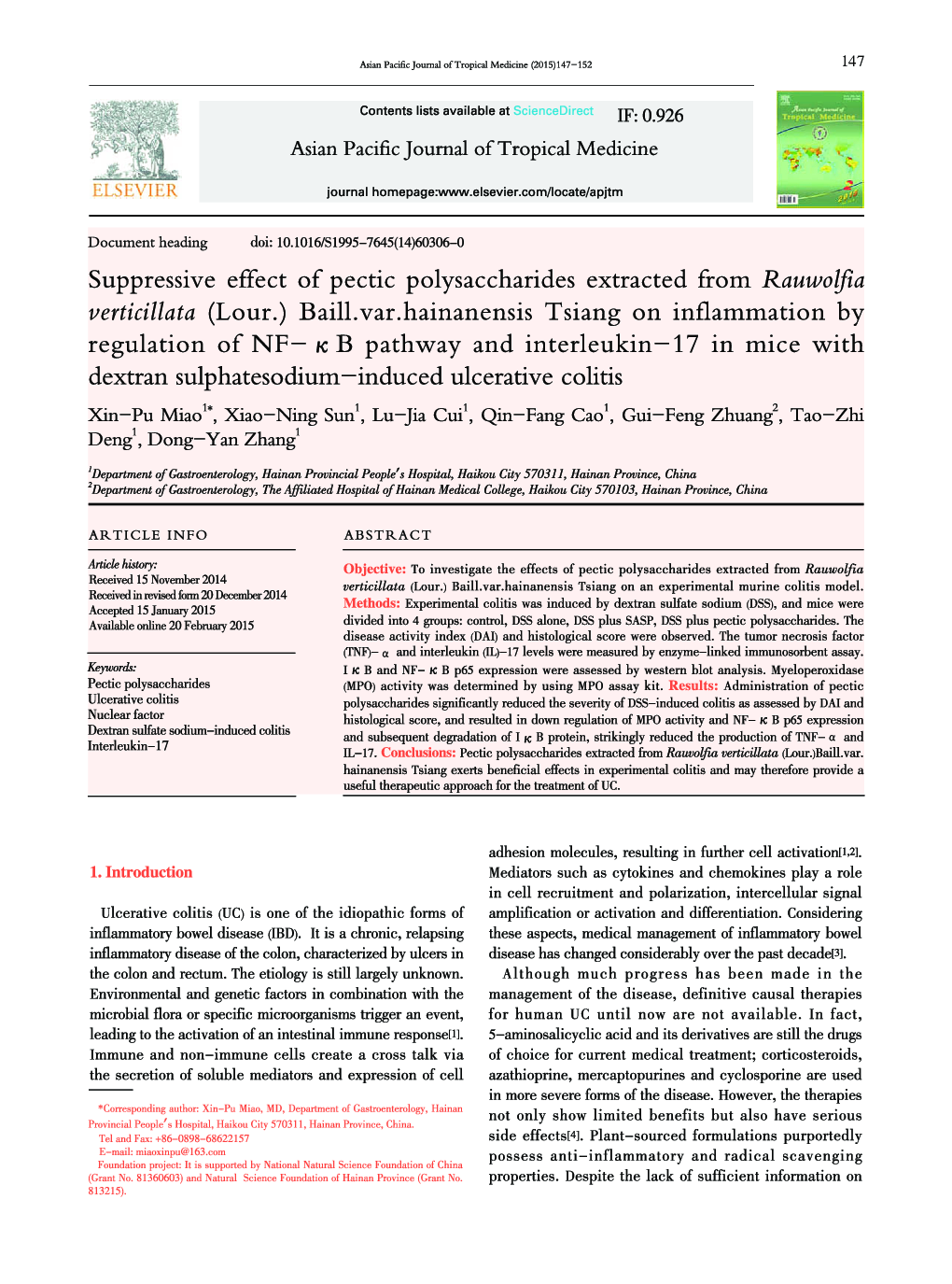 Suppressive effect of pectic polysaccharides extracted from Rauwolfia verticillata (Lour.) Baill.var.hainanensis Tsiang on inflammation by regulation of NF– κ B pathway and interleukin–17 in mice with dextran sulphatesodium–induced ulcerative colitis 