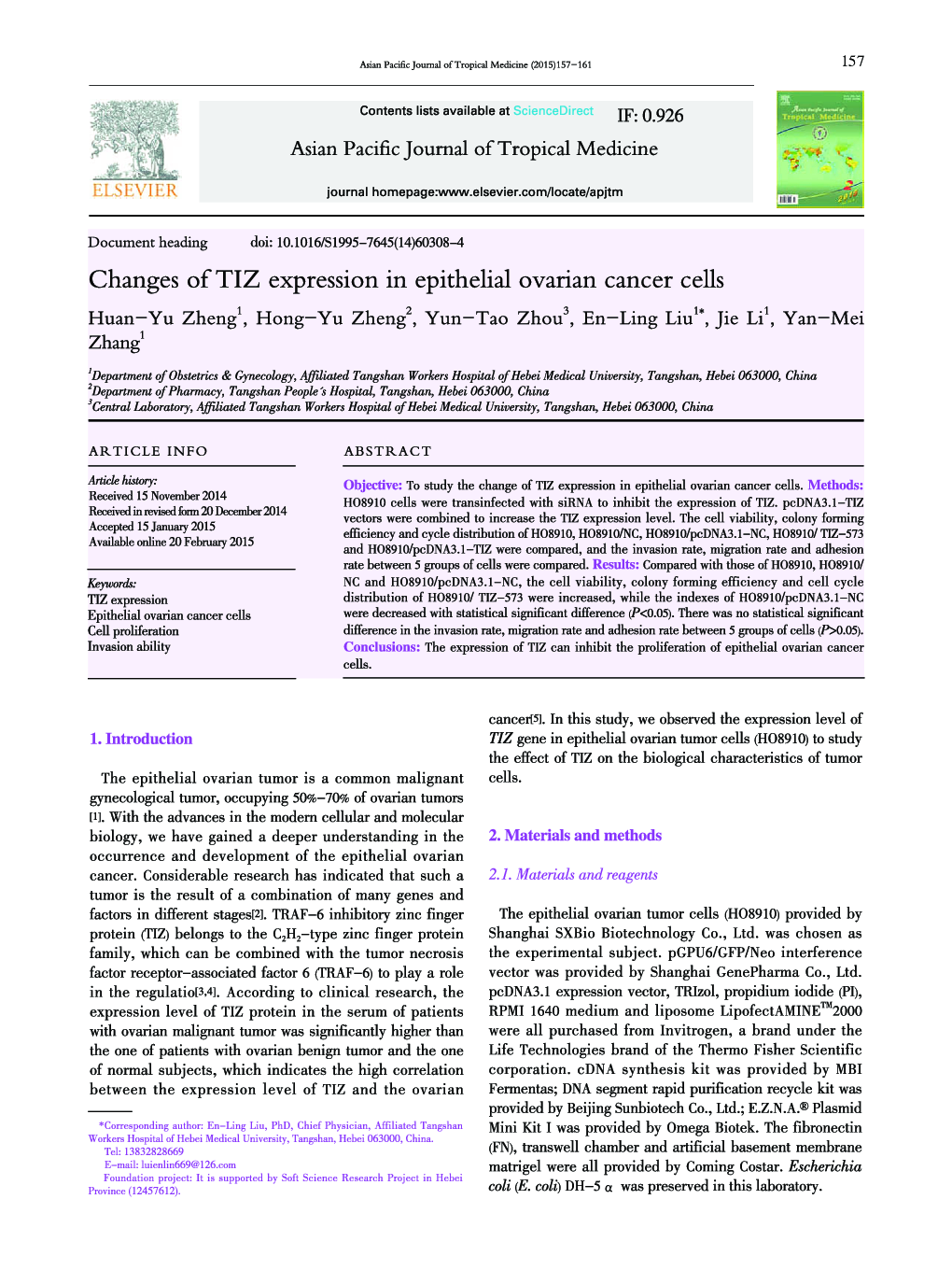 Changes of TIZ expression in epithelial ovarian cancer cells 